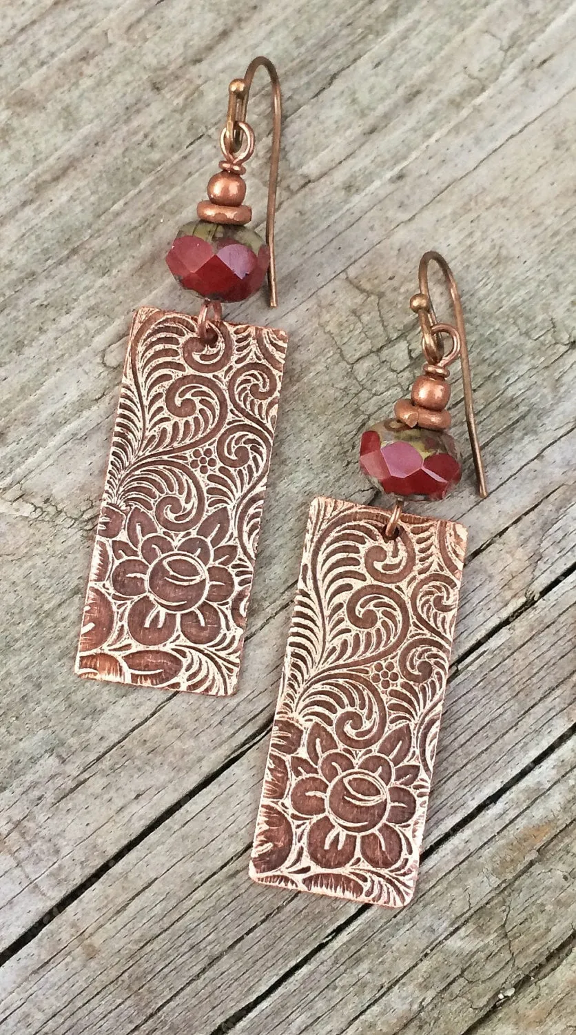 Etched Copper Earrings, Copper Jewelry Earrings, Floral Jewelry Earrings, Nature Jewelry, Copper Dangle Earrings