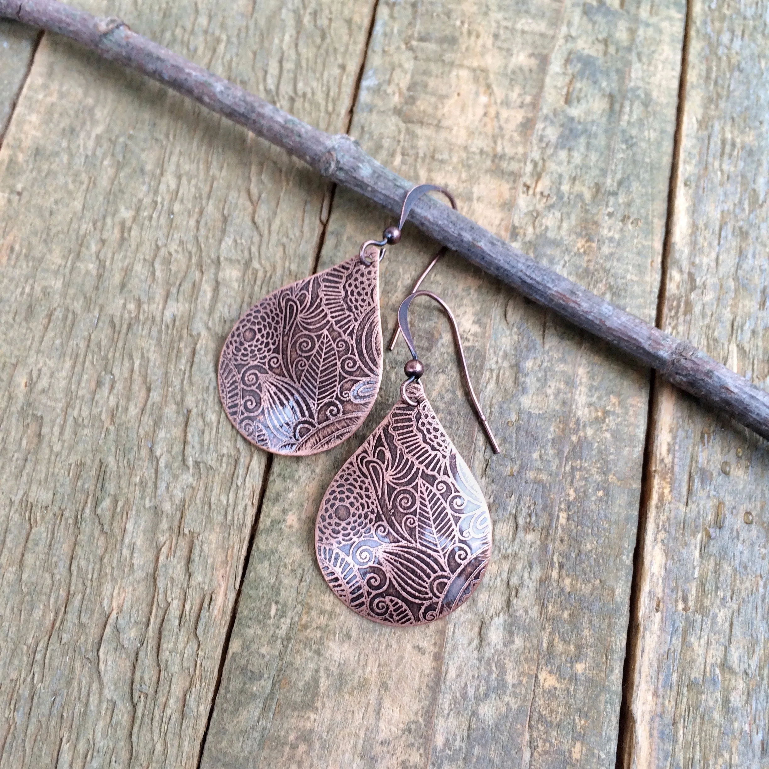 Etched Copper Teardrop Earrings, 7th Anniversary Gift, Unique Gift for Women, Copper Dangle Earrings, Acid Etched Copper Jewelry