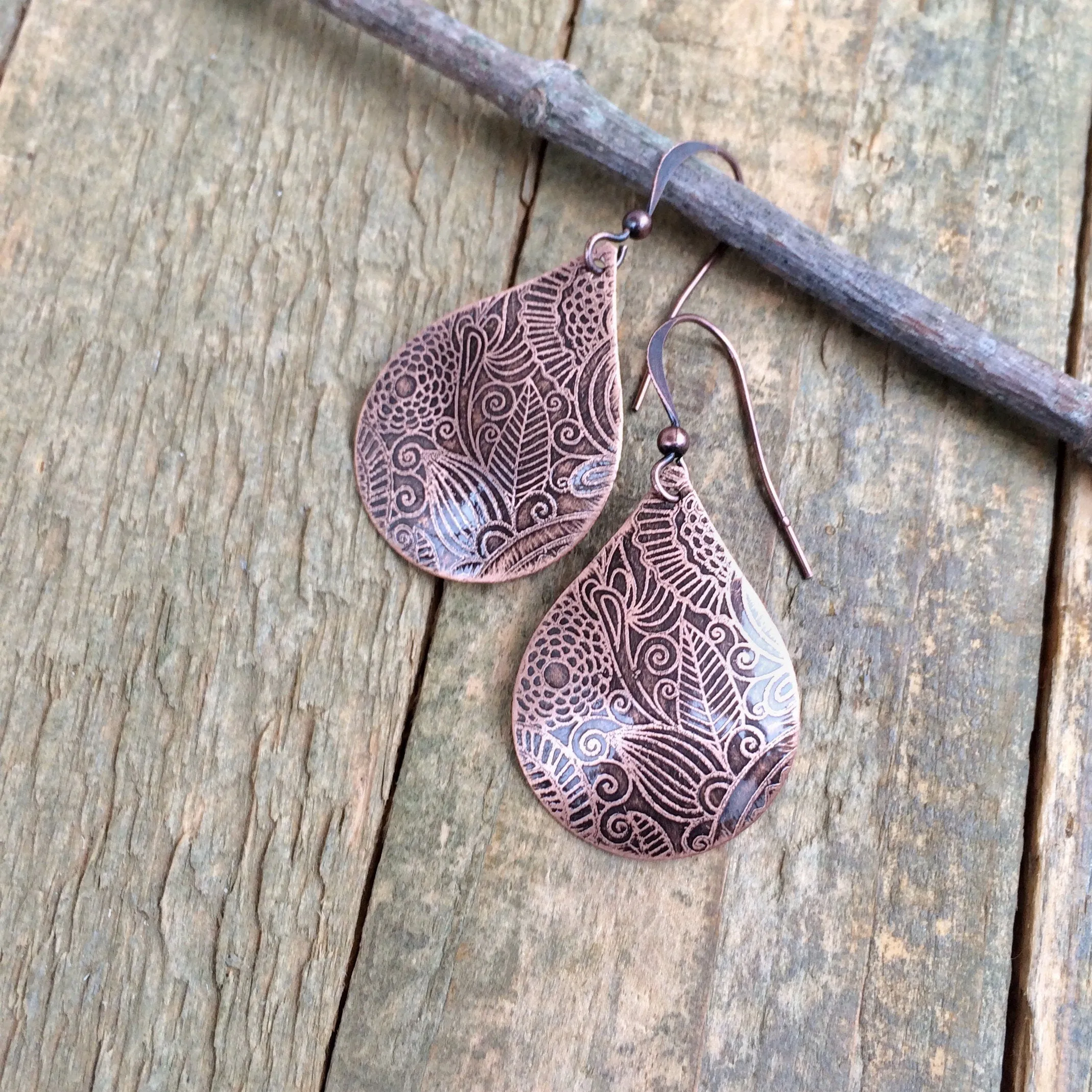 Etched Copper Teardrop Earrings, 7th Anniversary Gift, Unique Gift for Women, Copper Dangle Earrings, Acid Etched Copper Jewelry