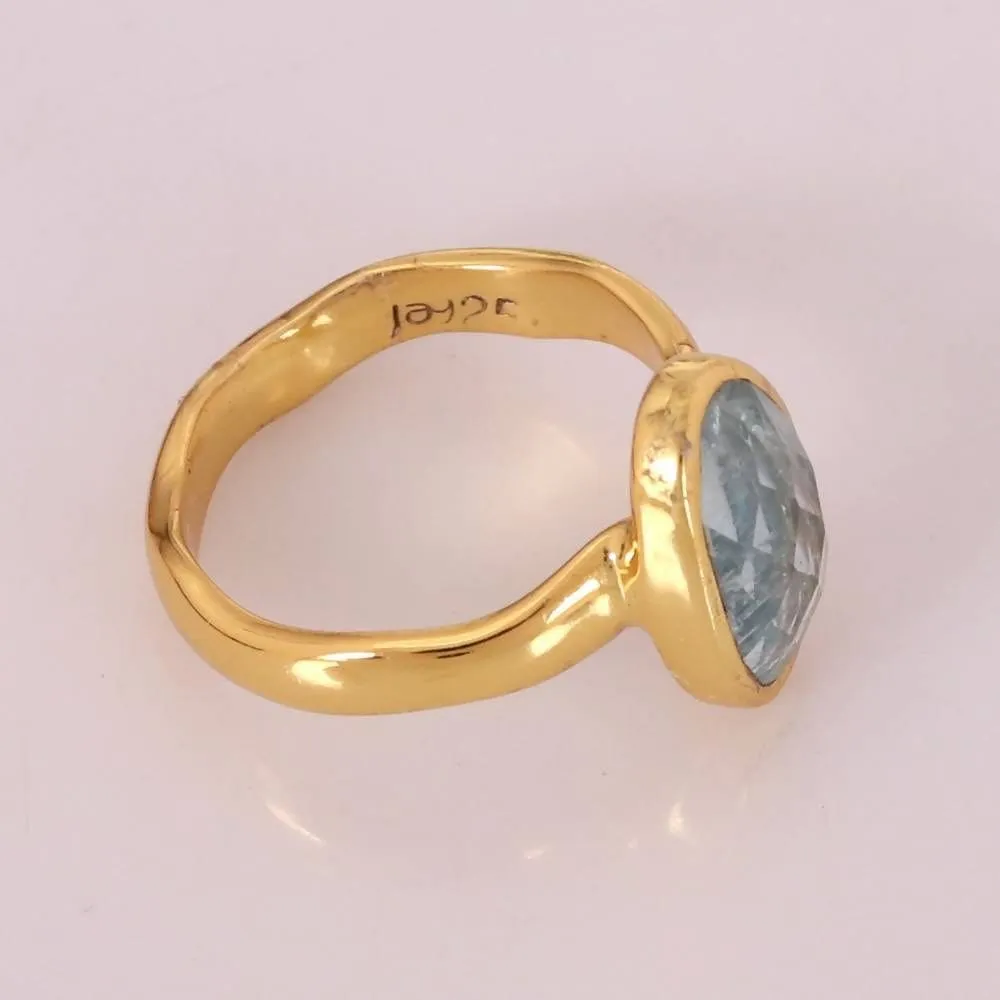 Faceted Real Aquamarine Gemstone Gold Vermeil 925 Sterling Silver Ring