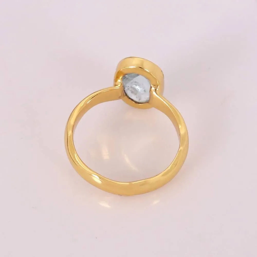 Faceted Real Aquamarine Gemstone Gold Vermeil 925 Sterling Silver Ring