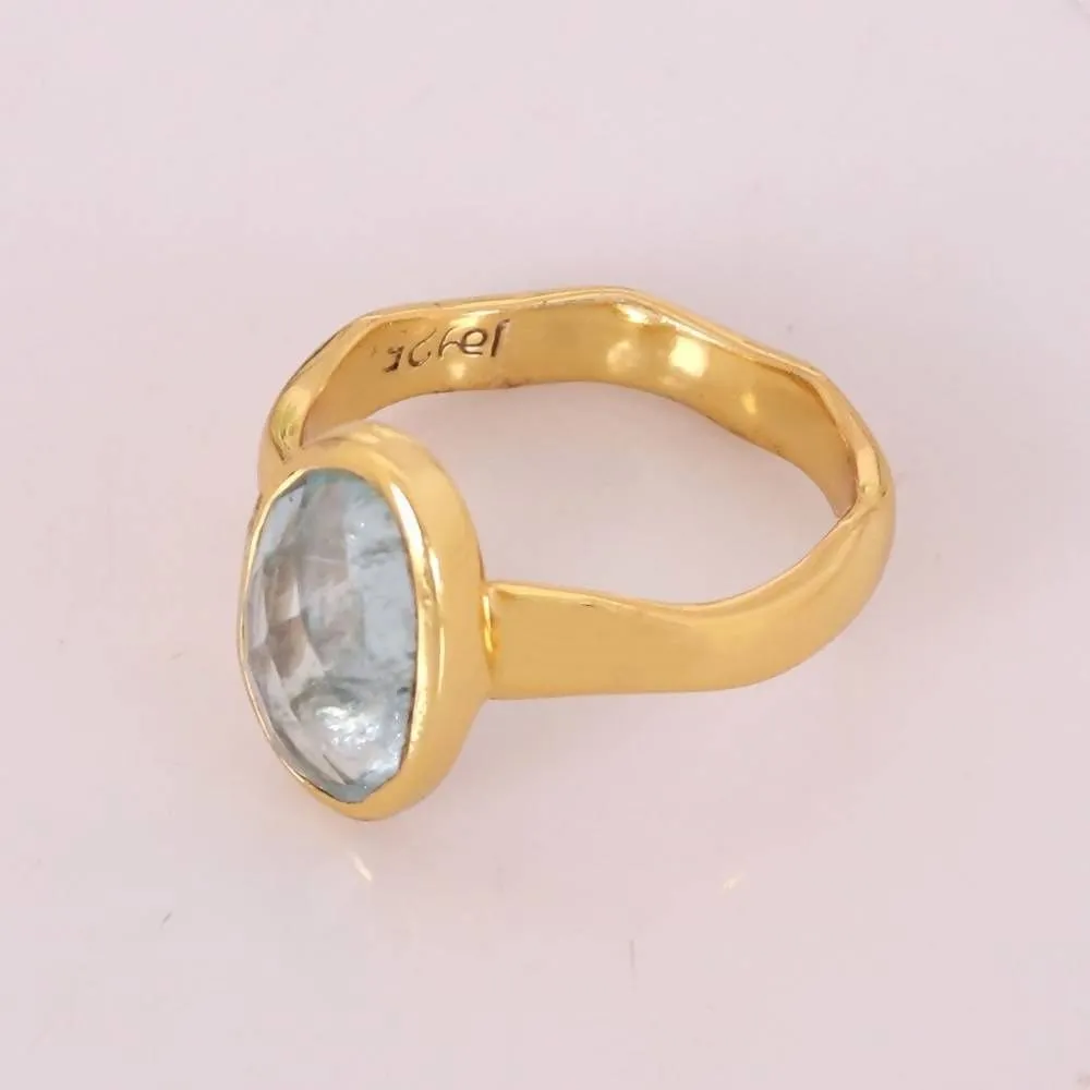 Faceted Real Aquamarine Gemstone Gold Vermeil 925 Sterling Silver Ring