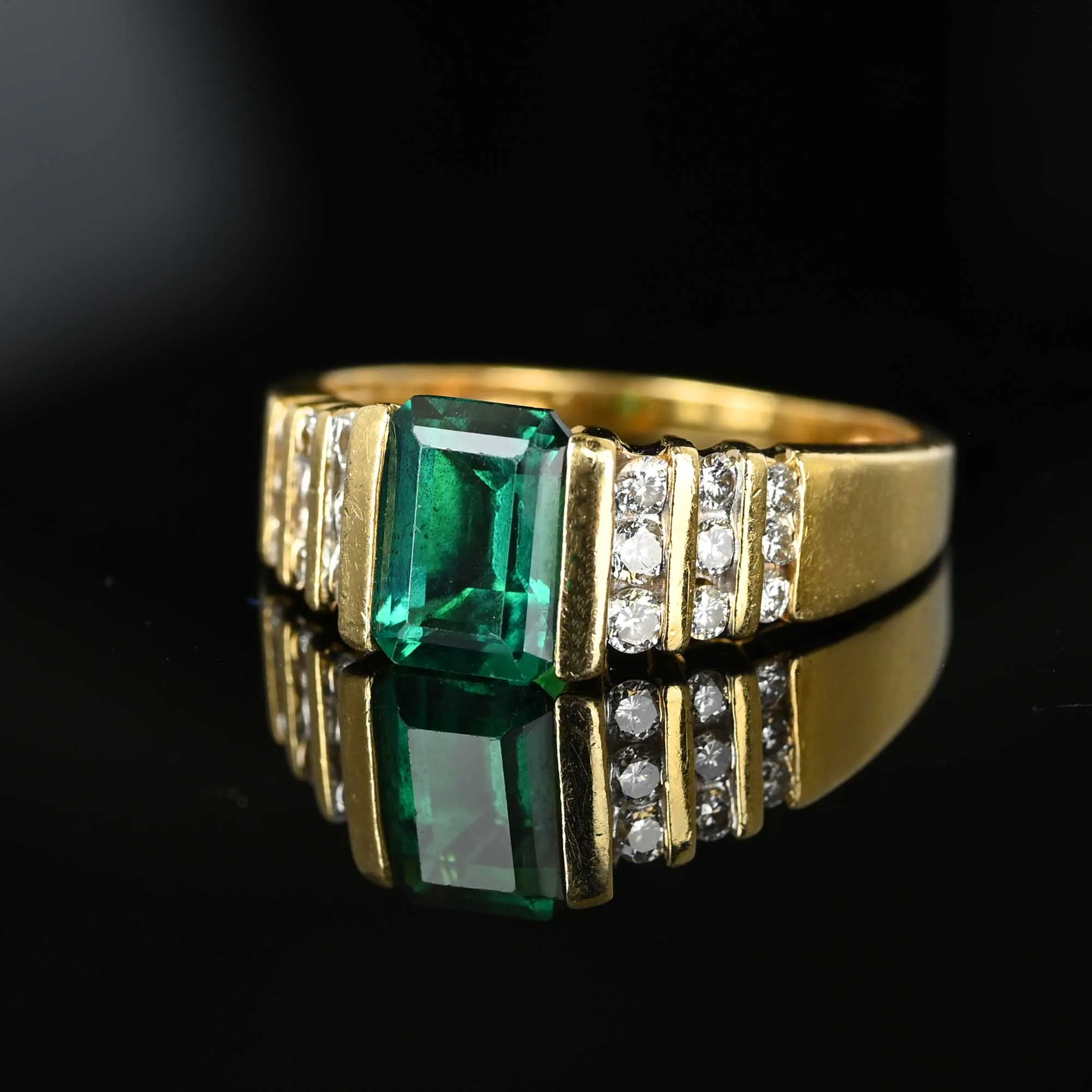 Fine 14K Gold Diamond Step Cut Emerald Ring