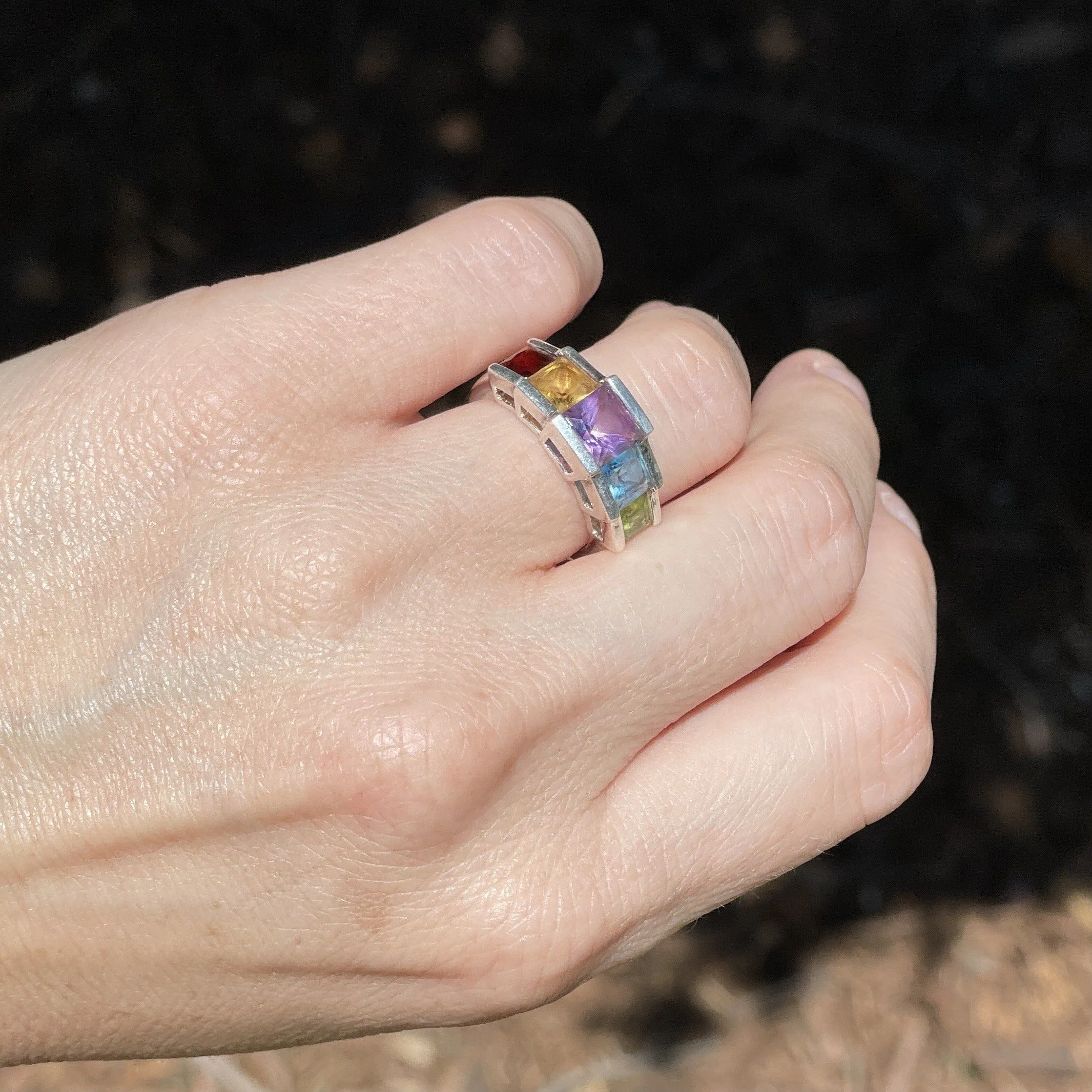 Five Stone Amethyst Citrine Peridot Garnet Topaz Ring