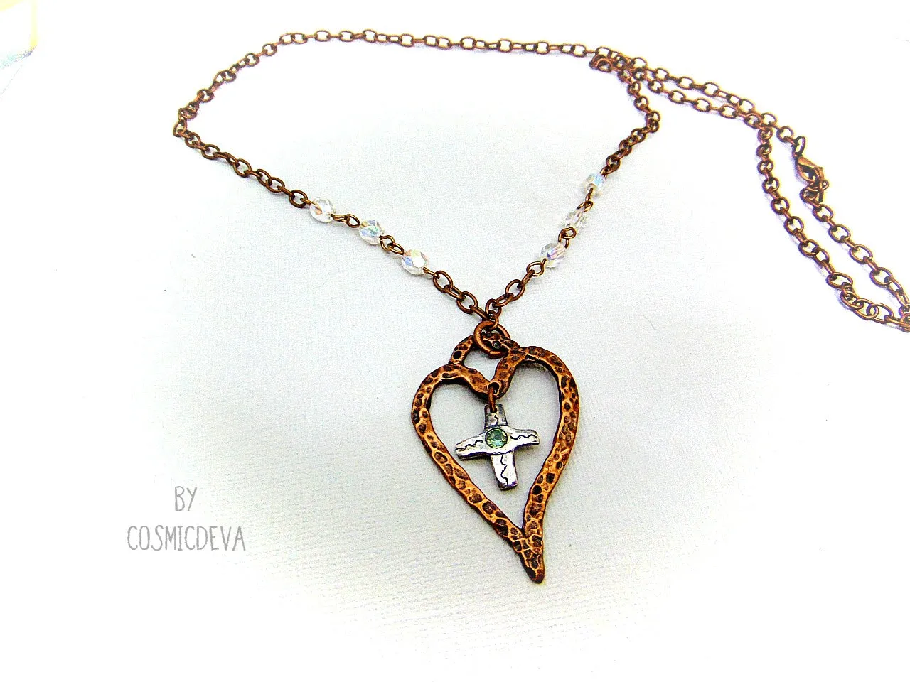 For The Love Of God - Copper Heart and Sterling Silver Cross Blue Topaz, Copper Necklace