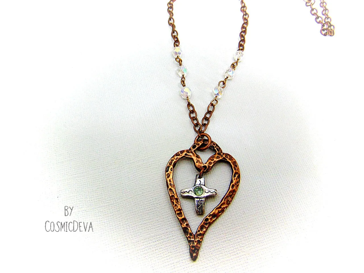 For The Love Of God - Copper Heart and Sterling Silver Cross Blue Topaz, Copper Necklace