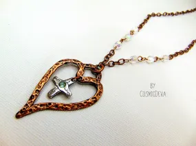 For The Love Of God - Copper Heart and Sterling Silver Cross Blue Topaz, Copper Necklace