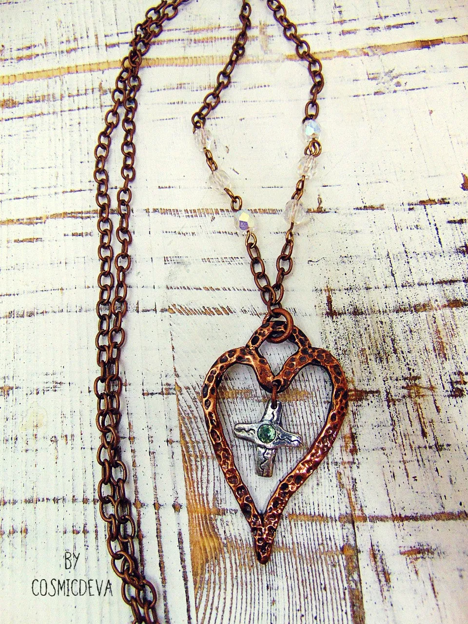 For The Love Of God - Copper Heart and Sterling Silver Cross Blue Topaz, Copper Necklace