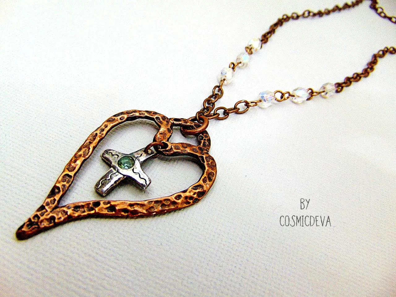 For The Love Of God - Copper Heart and Sterling Silver Cross Blue Topaz, Copper Necklace