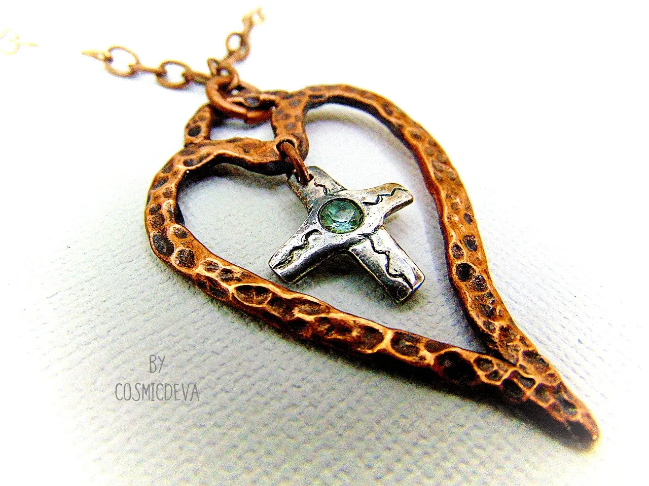 For The Love Of God - Copper Heart and Sterling Silver Cross Blue Topaz, Copper Necklace