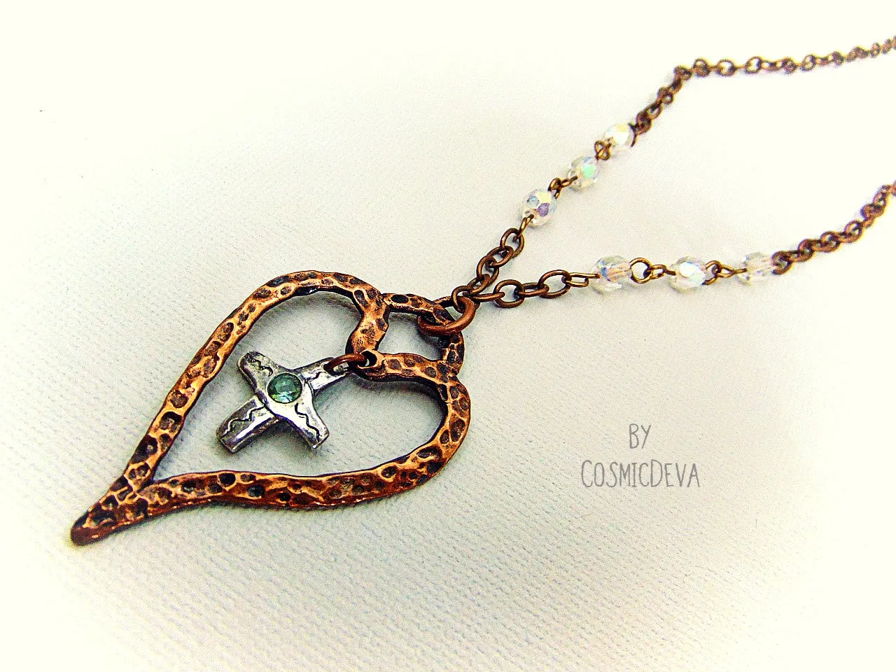 For The Love Of God - Copper Heart and Sterling Silver Cross Blue Topaz, Copper Necklace