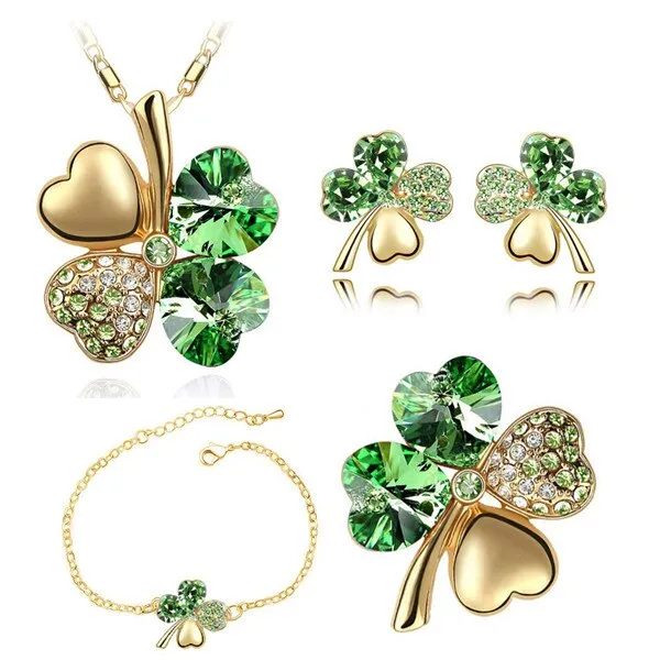 Four-Leaf Clover Crystal Heart Necklace, Bracelet, Earrings & Brooch Fashion Jewelry Set