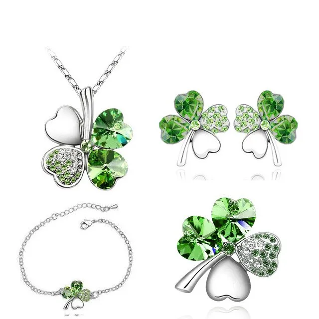 Four-Leaf Clover Crystal Heart Necklace, Bracelet, Earrings & Brooch Fashion Jewelry Set