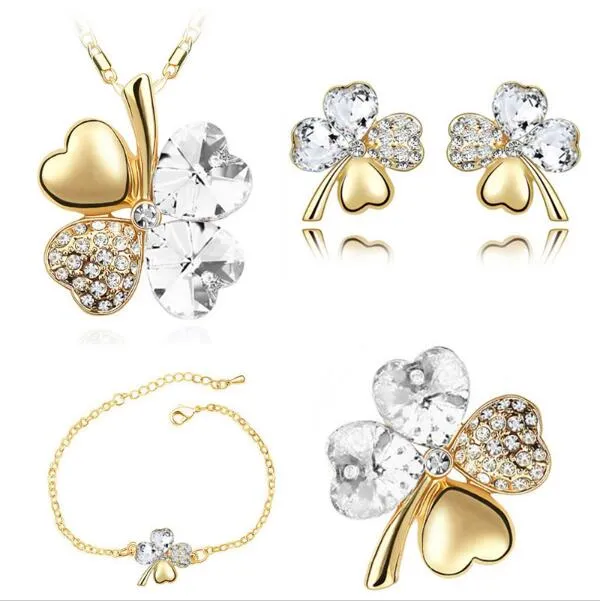 Four-Leaf Clover Crystal Heart Necklace, Bracelet, Earrings & Brooch Fashion Jewelry Set