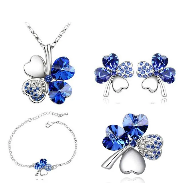 Four-Leaf Clover Crystal Heart Necklace, Bracelet, Earrings & Brooch Fashion Jewelry Set