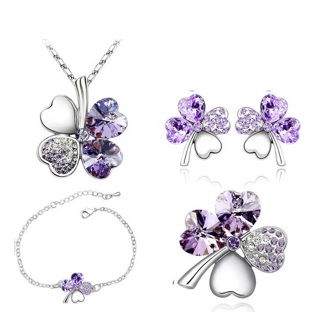 Four-Leaf Clover Crystal Heart Necklace, Bracelet, Earrings & Brooch Fashion Jewelry Set