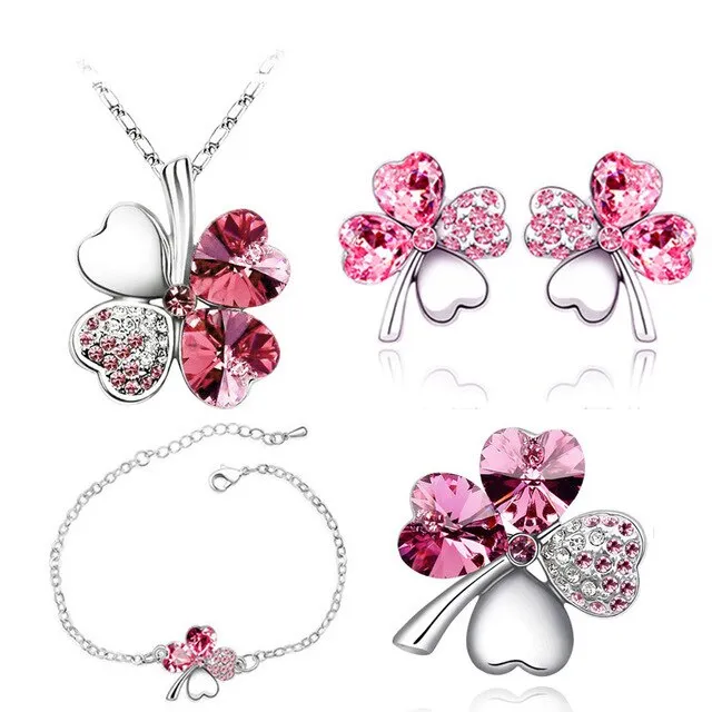 Four-Leaf Clover Crystal Heart Necklace, Bracelet, Earrings & Brooch Fashion Jewelry Set