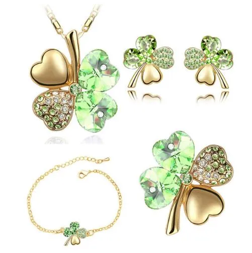 Four-Leaf Clover Crystal Heart Necklace, Bracelet, Earrings & Brooch Fashion Jewelry Set