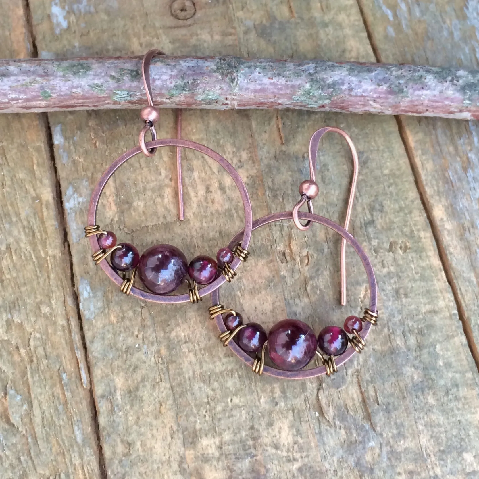 Garnet Earrings, Copper Hoop Earrings, Birthstone Jewelry, Red Stone Earrings, Minimalist Hoop Earrings, Copper Earrings