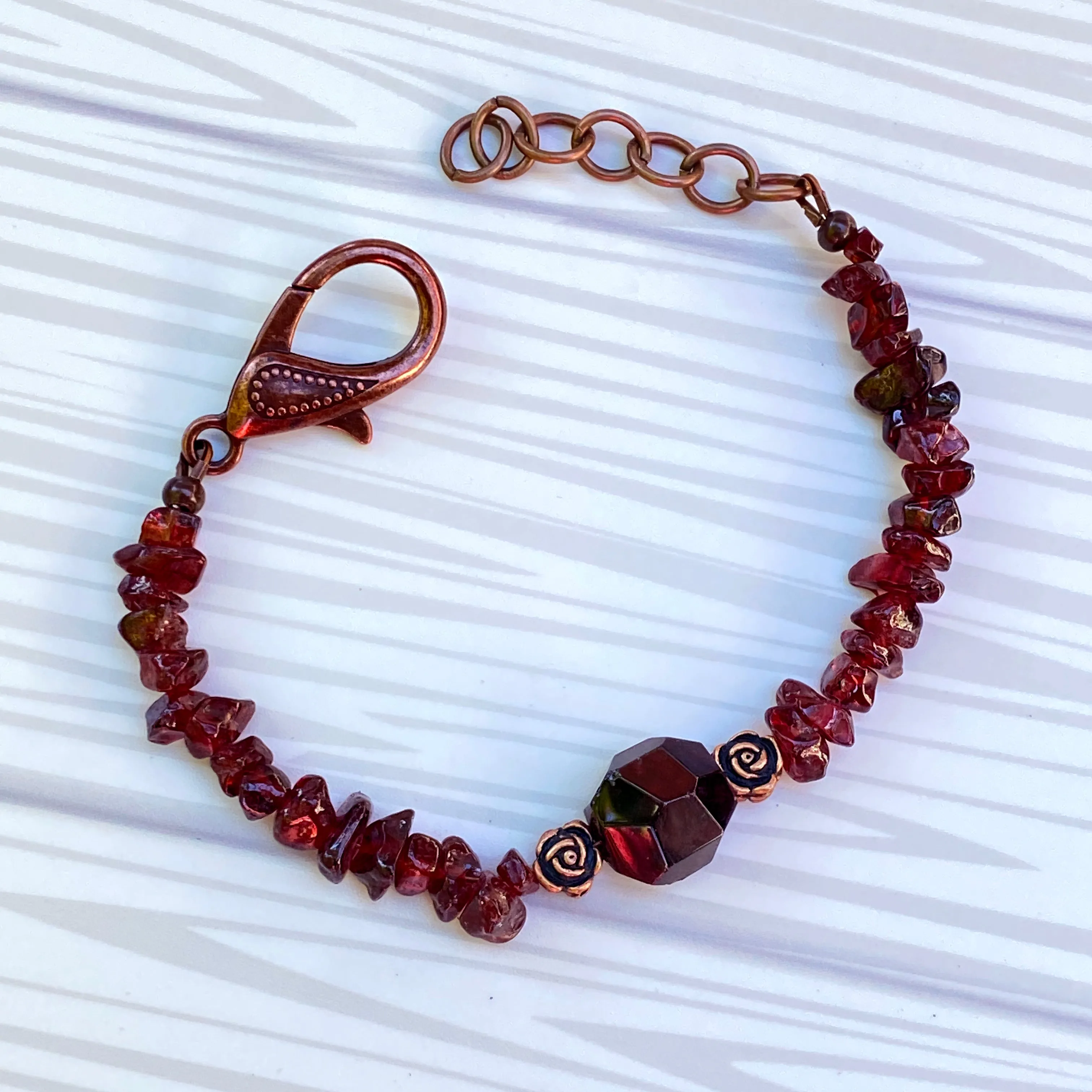 Garnet gemstone and Copper Rose clasp Bracelet