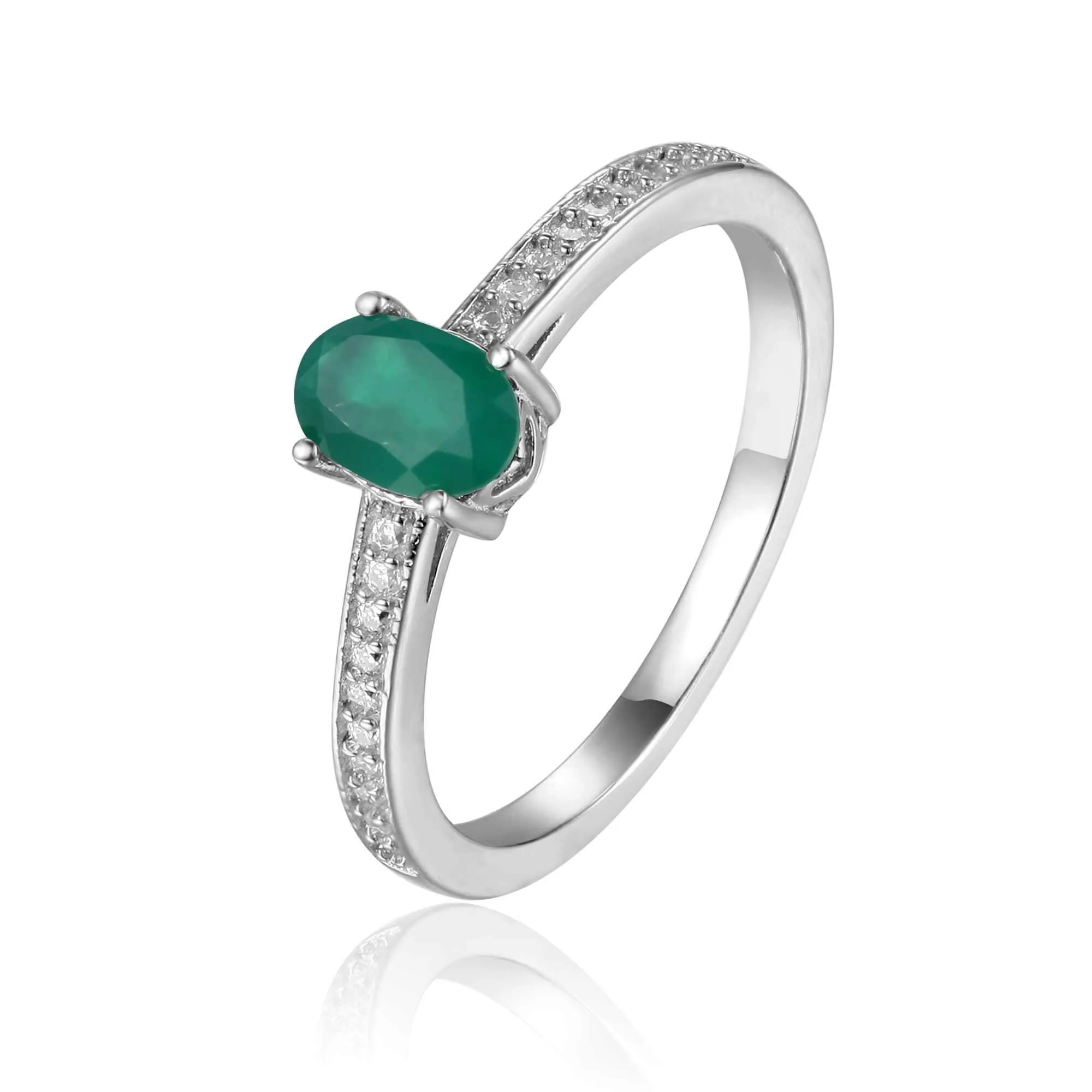 Genuine Emerald Solitaire Ring with Moissanite Accents