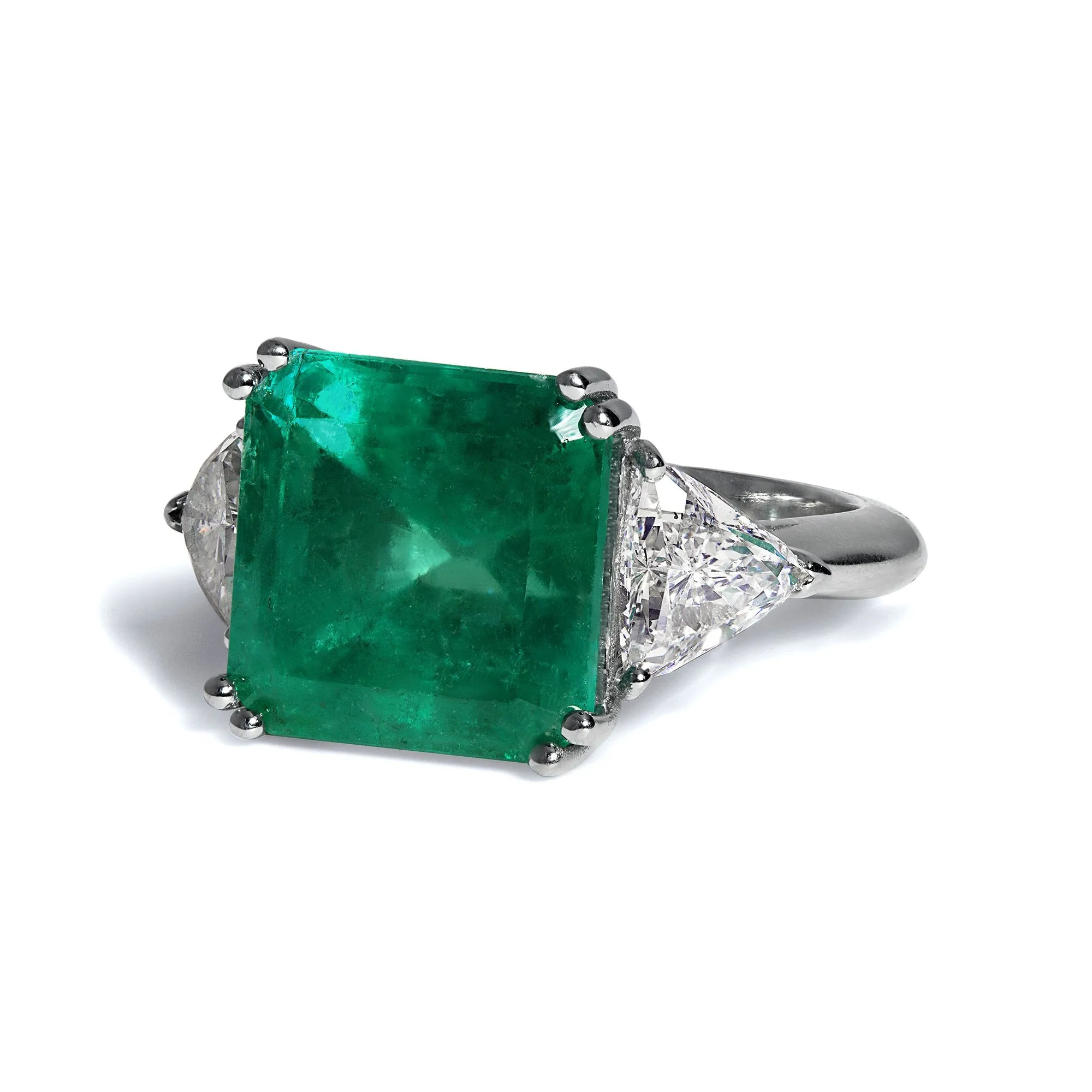 GIA 10.64ct Columbian Green Square Emerald and Diamond 3 stone Ring