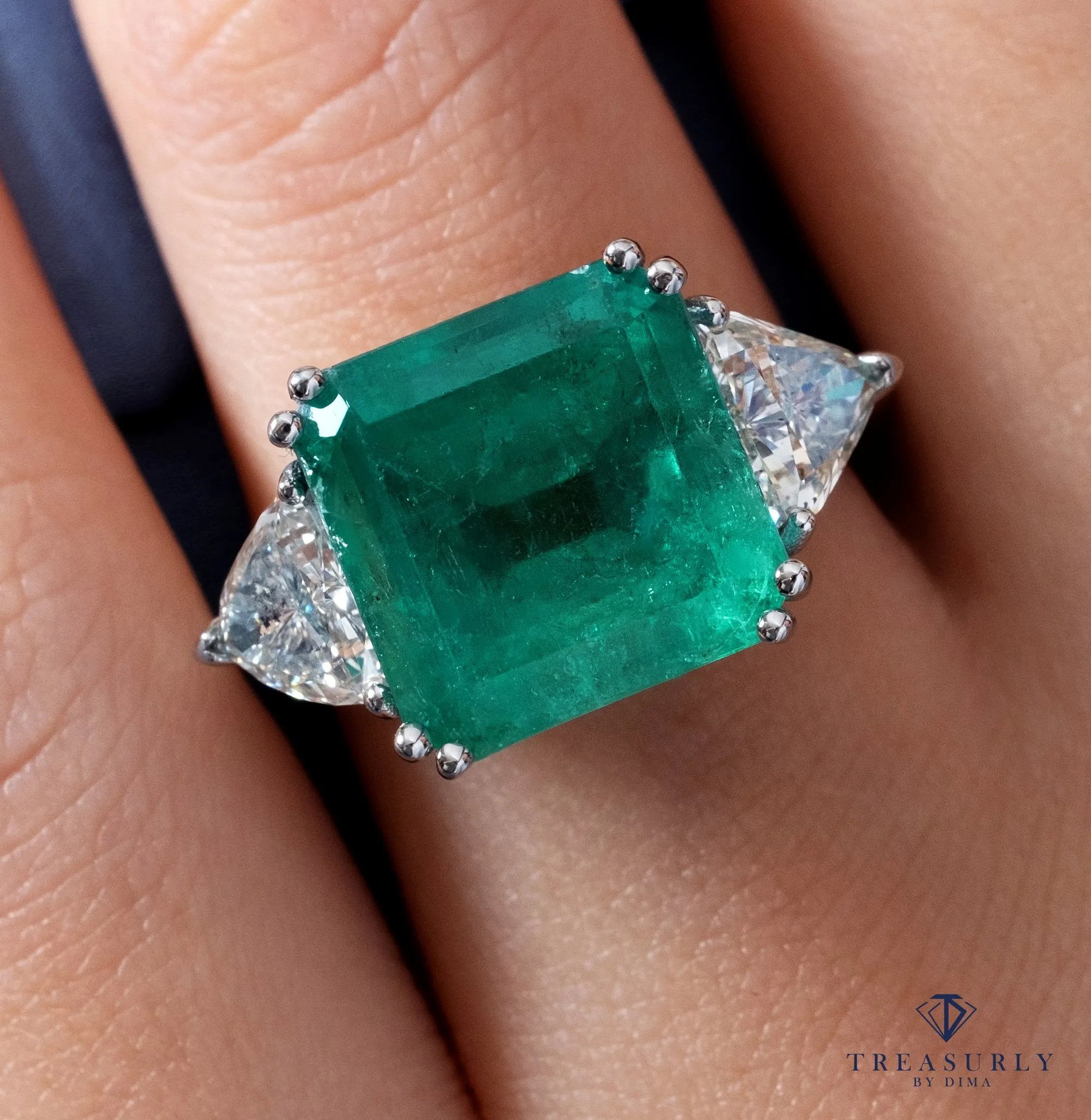 GIA 10.64ct Columbian Green Square Emerald and Diamond 3 stone Ring