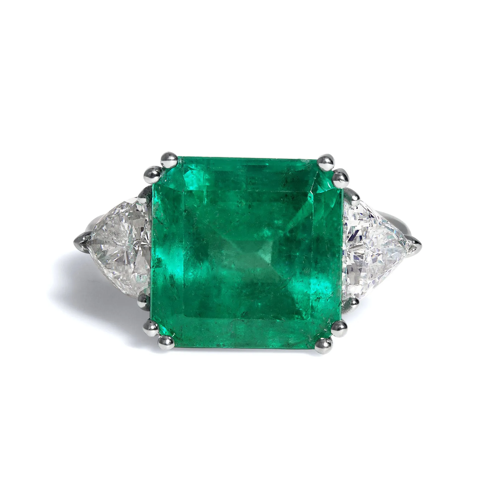 GIA 10.64ct Columbian Green Square Emerald and Diamond 3 stone Ring