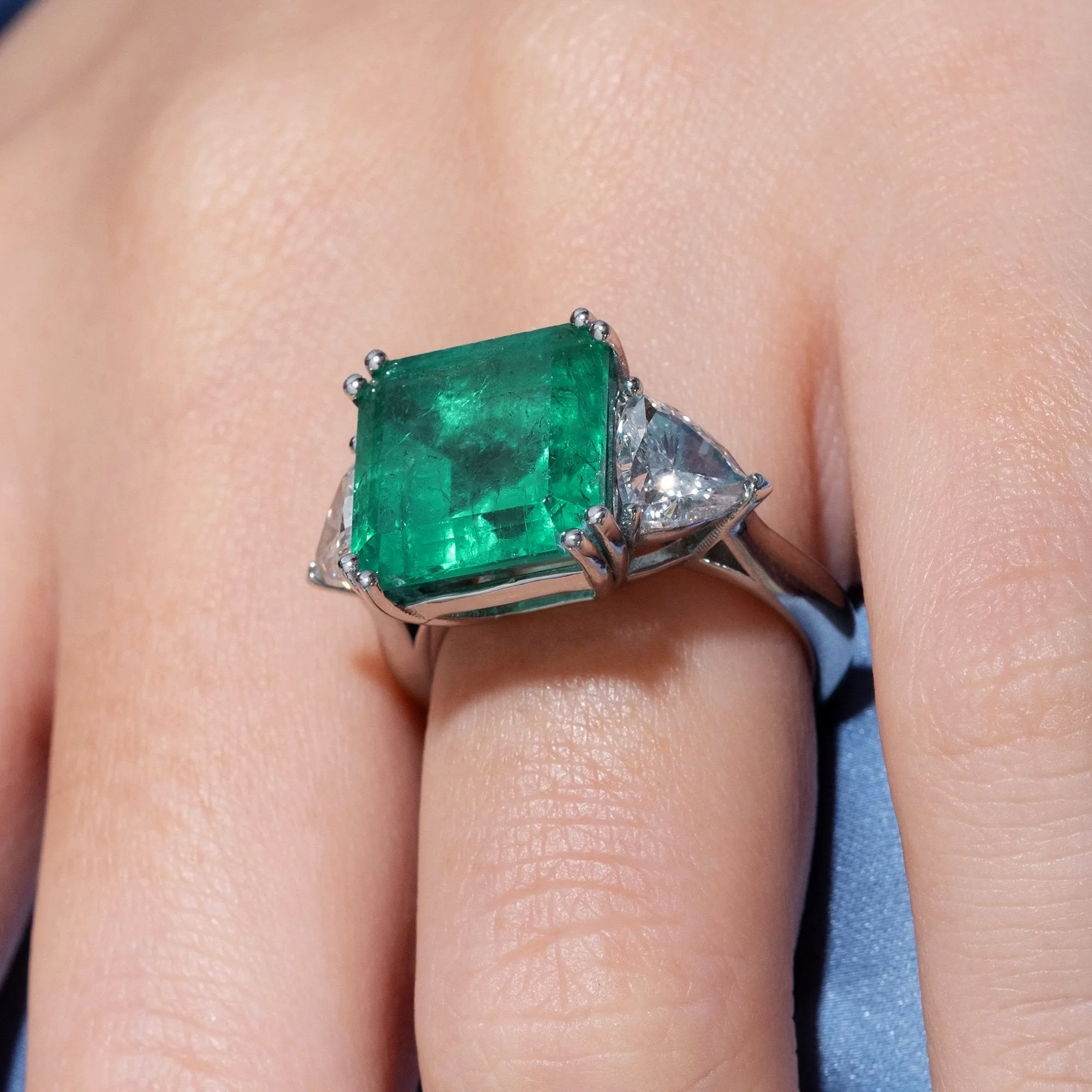 GIA 10.64ct Columbian Green Square Emerald and Diamond 3 stone Ring