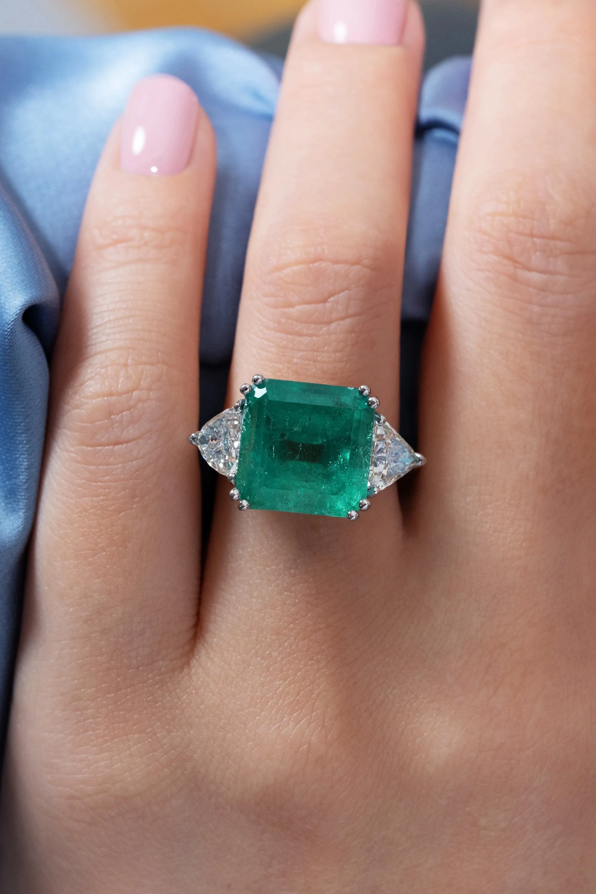 GIA 10.64ct Columbian Green Square Emerald and Diamond 3 stone Ring