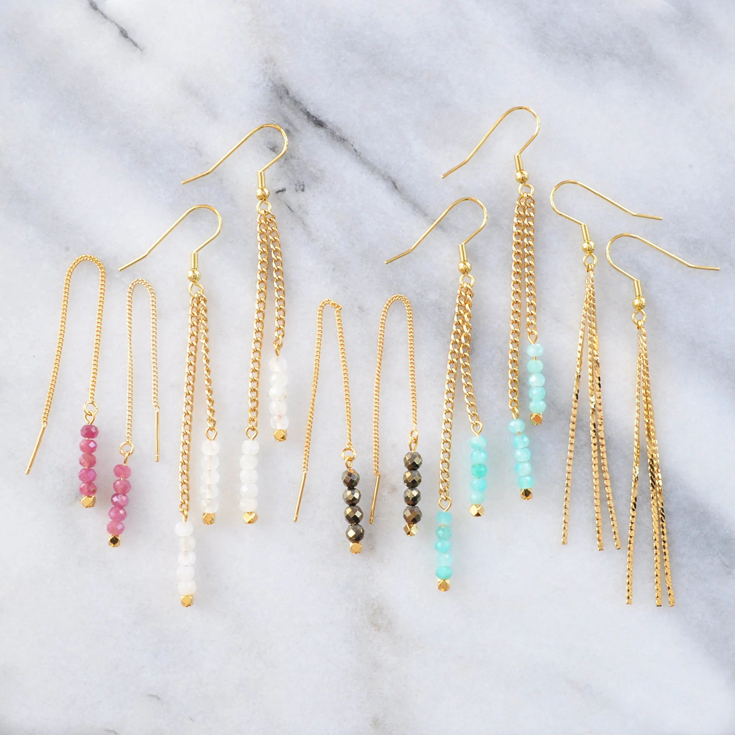 Gold Chain Gemstone Dangle Earrings