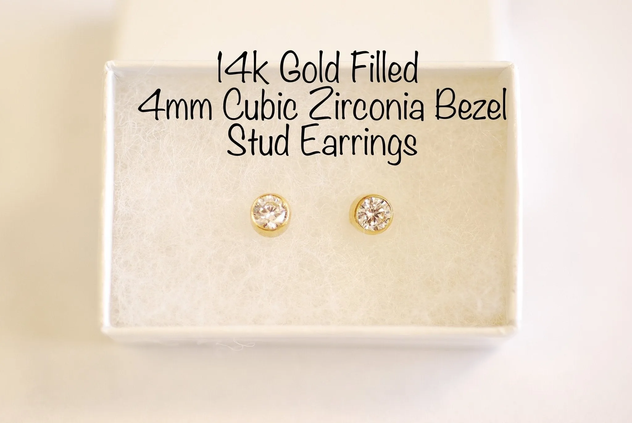 Gold Filled 4mm Cubic Zirconia White Round Bezel Solitaire Post Earrings Gold Filled CZ Stud Earrings Dainty Circle Studs [Earrings09]