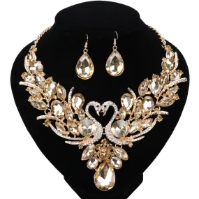 Gold-Plated Champagne Crystal Double Swan Necklace & Earrings Wedding Jewelry Set