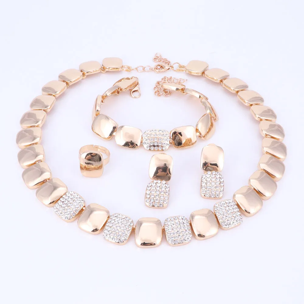 Gold-Plated Crystal Square Necklace, Bracelet, Earrings & Ring Wedding Jewelry Set