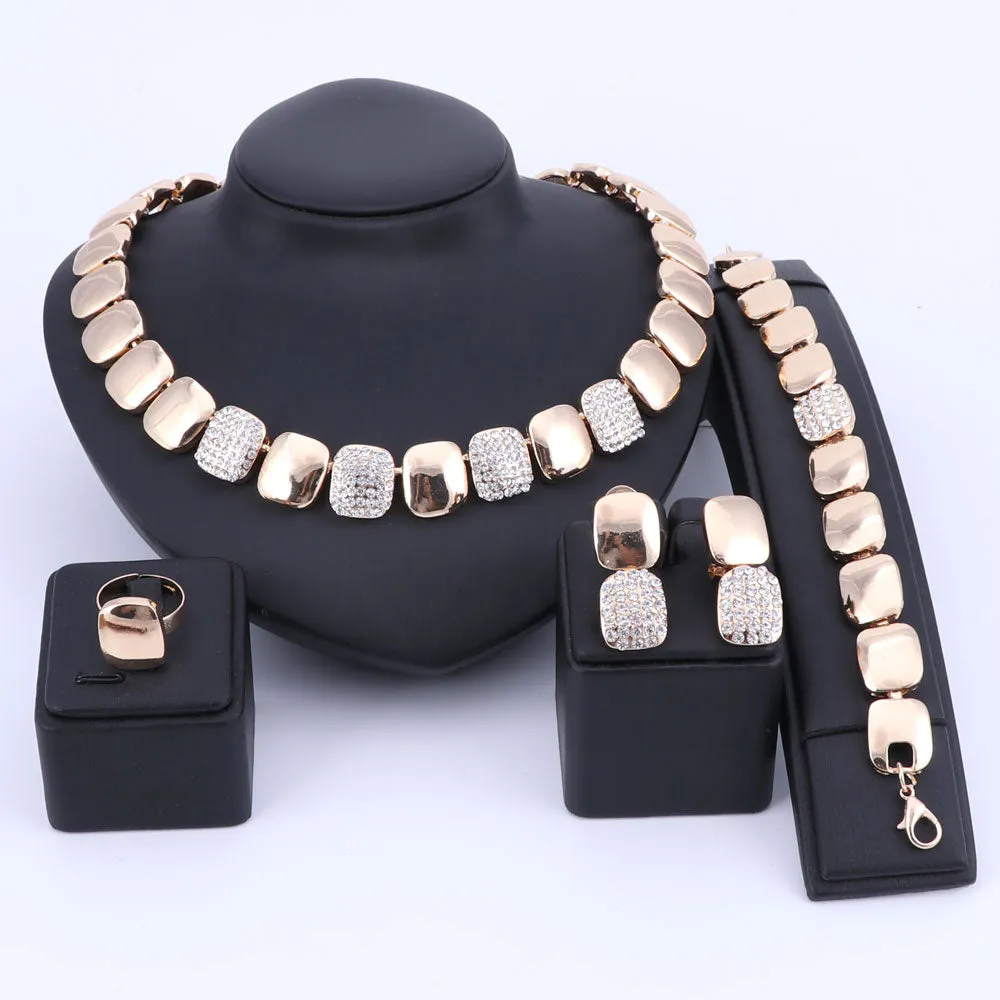 Gold-Plated Crystal Square Necklace, Bracelet, Earrings & Ring Wedding Jewelry Set