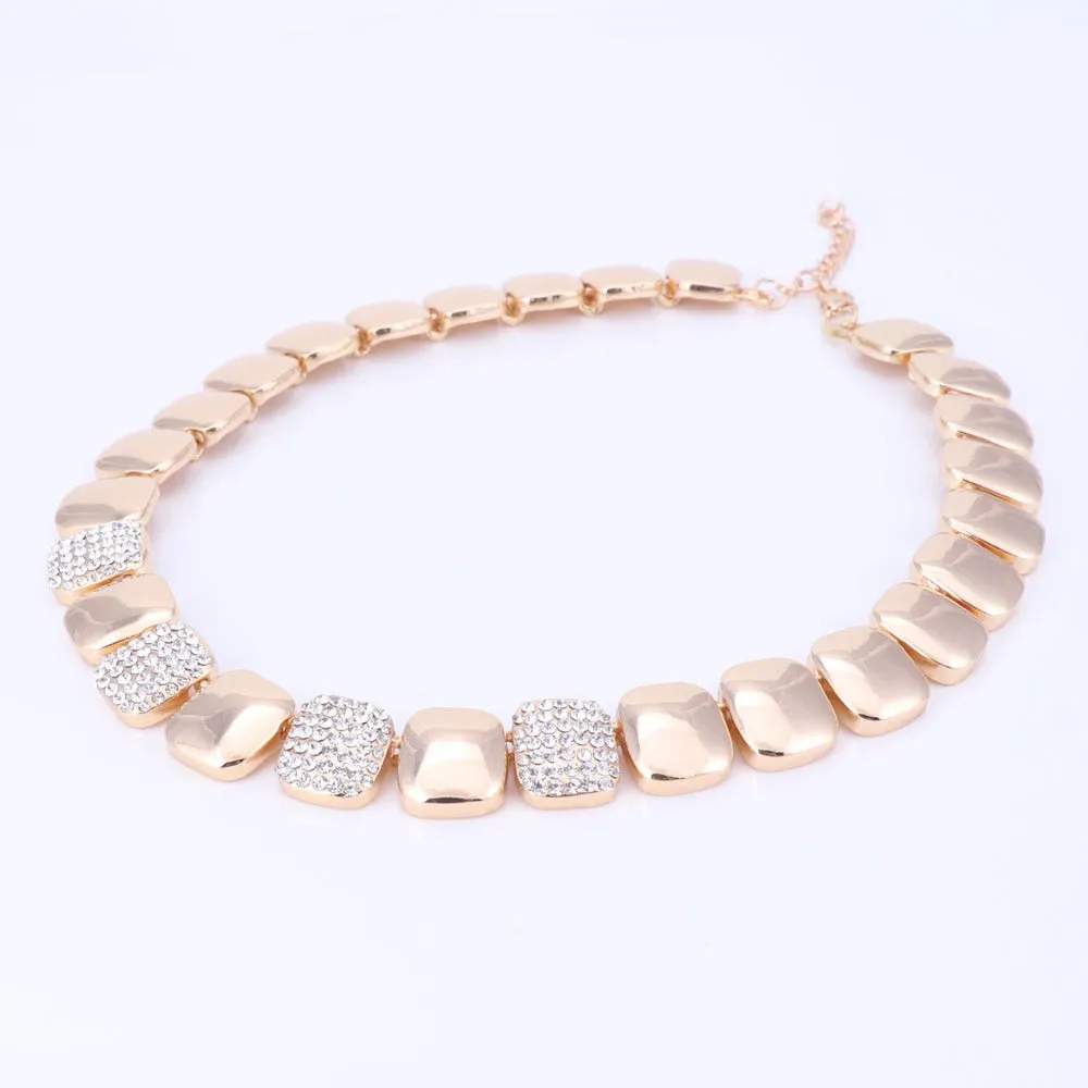 Gold-Plated Crystal Square Necklace, Bracelet, Earrings & Ring Wedding Jewelry Set