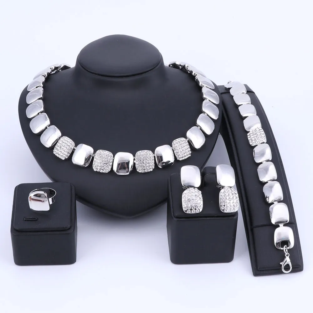 Gold-Plated Crystal Square Necklace, Bracelet, Earrings & Ring Wedding Jewelry Set