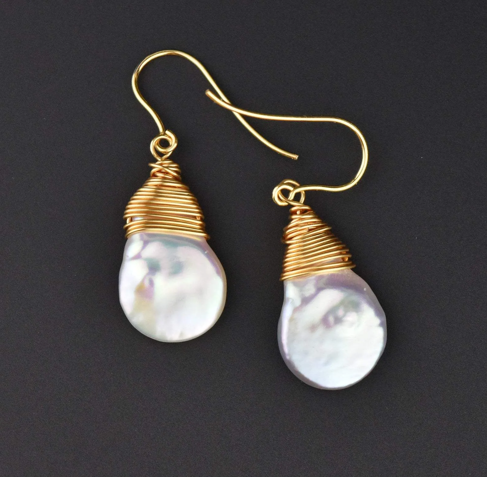 Gold Wire Wrapped Dangle Baroque Pearl Earrings