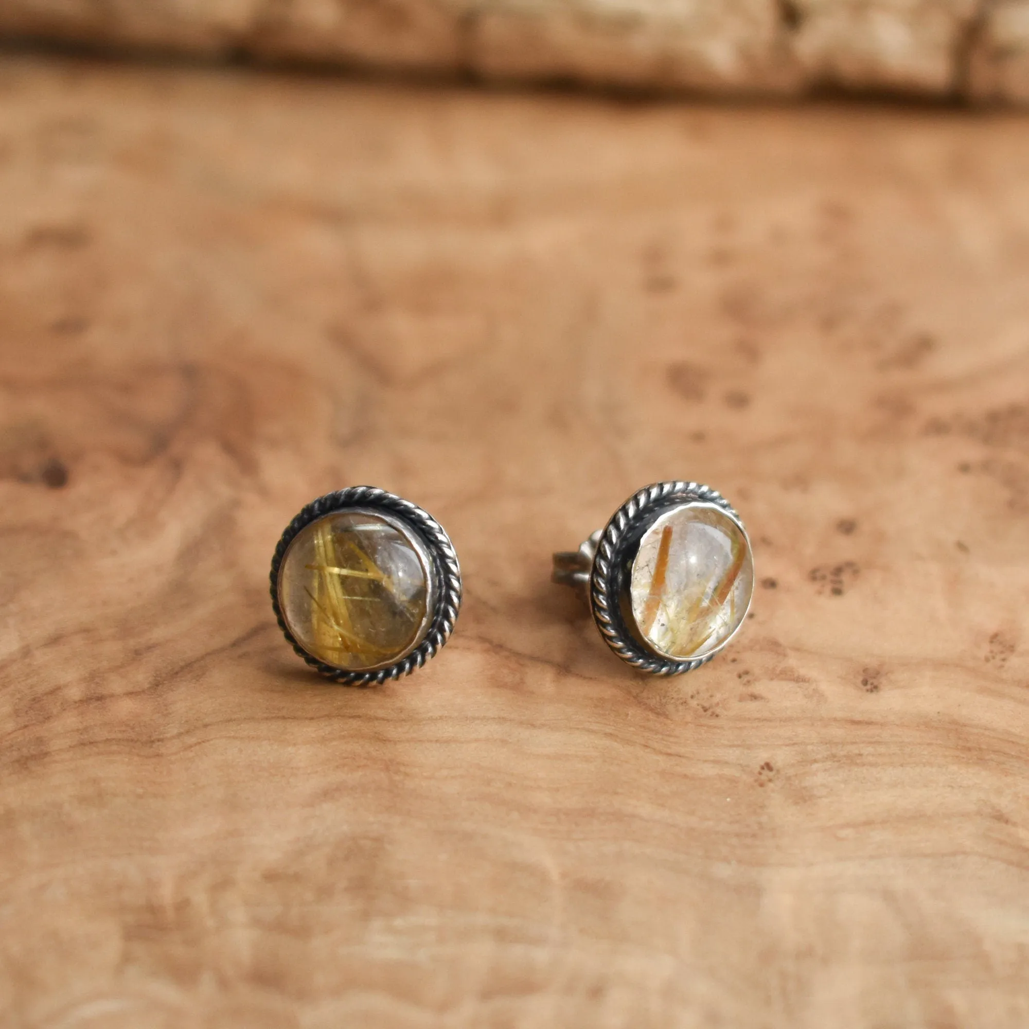 Golden Rutilated Quartz Posts - Traditional Post Earrings - Silversmith Earrings - 10mm Stones