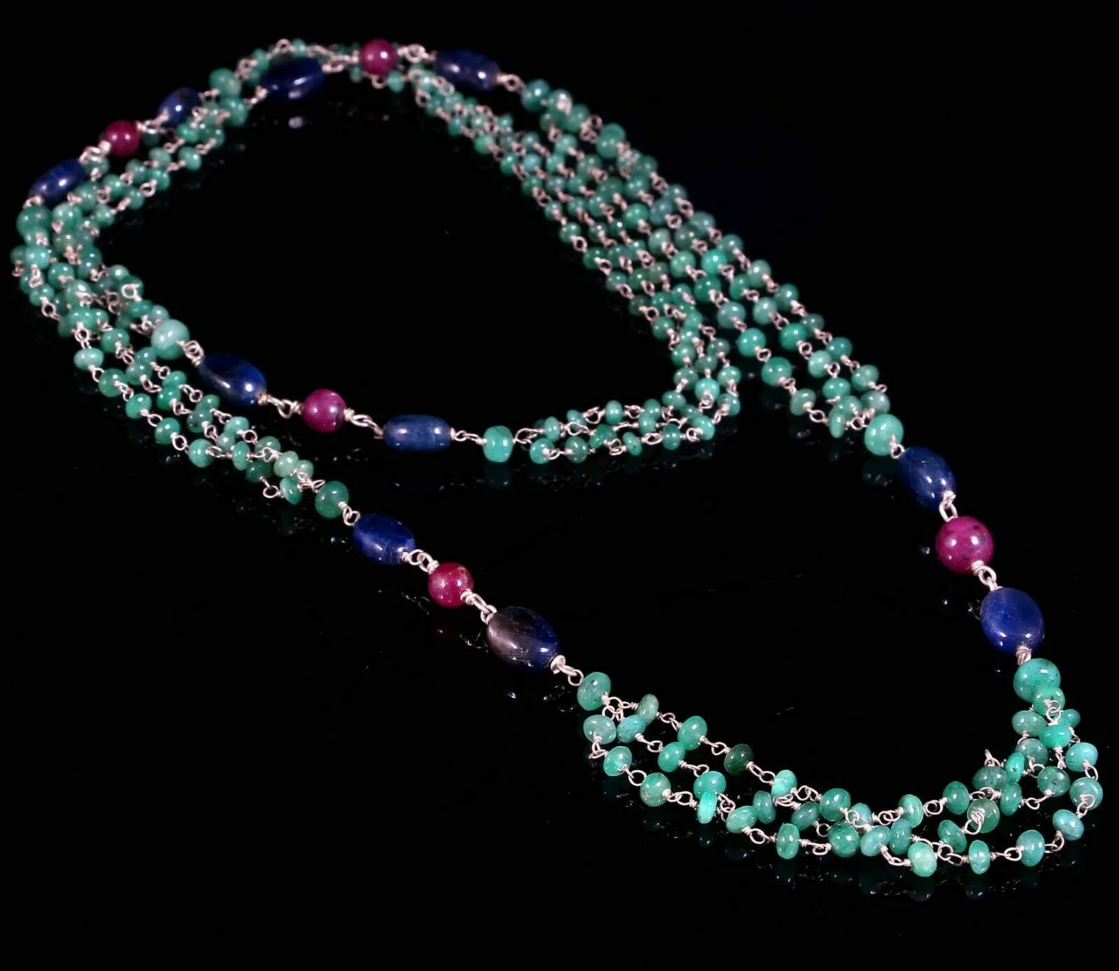 Green EMERALD & Sapphire Ruby Gemstones Beads Chain NECKLACE : 925 Sterling Silver Natural Emerald Cabochon 31" Statement Necklace