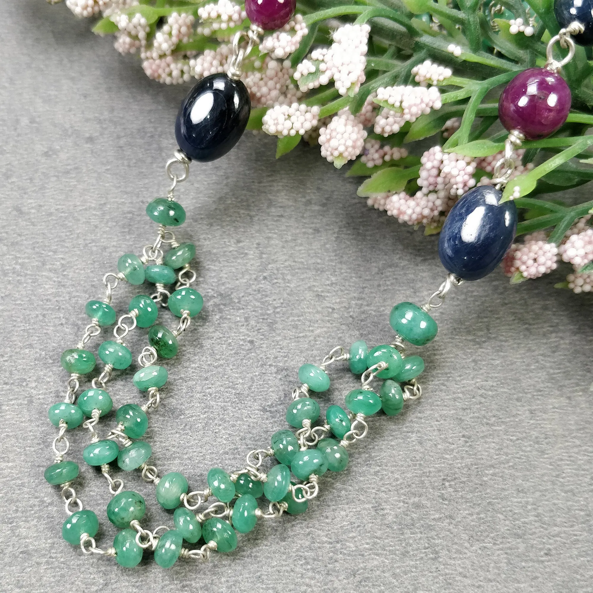 Green EMERALD & Sapphire Ruby Gemstones Beads Chain NECKLACE : 925 Sterling Silver Natural Emerald Cabochon 31" Statement Necklace