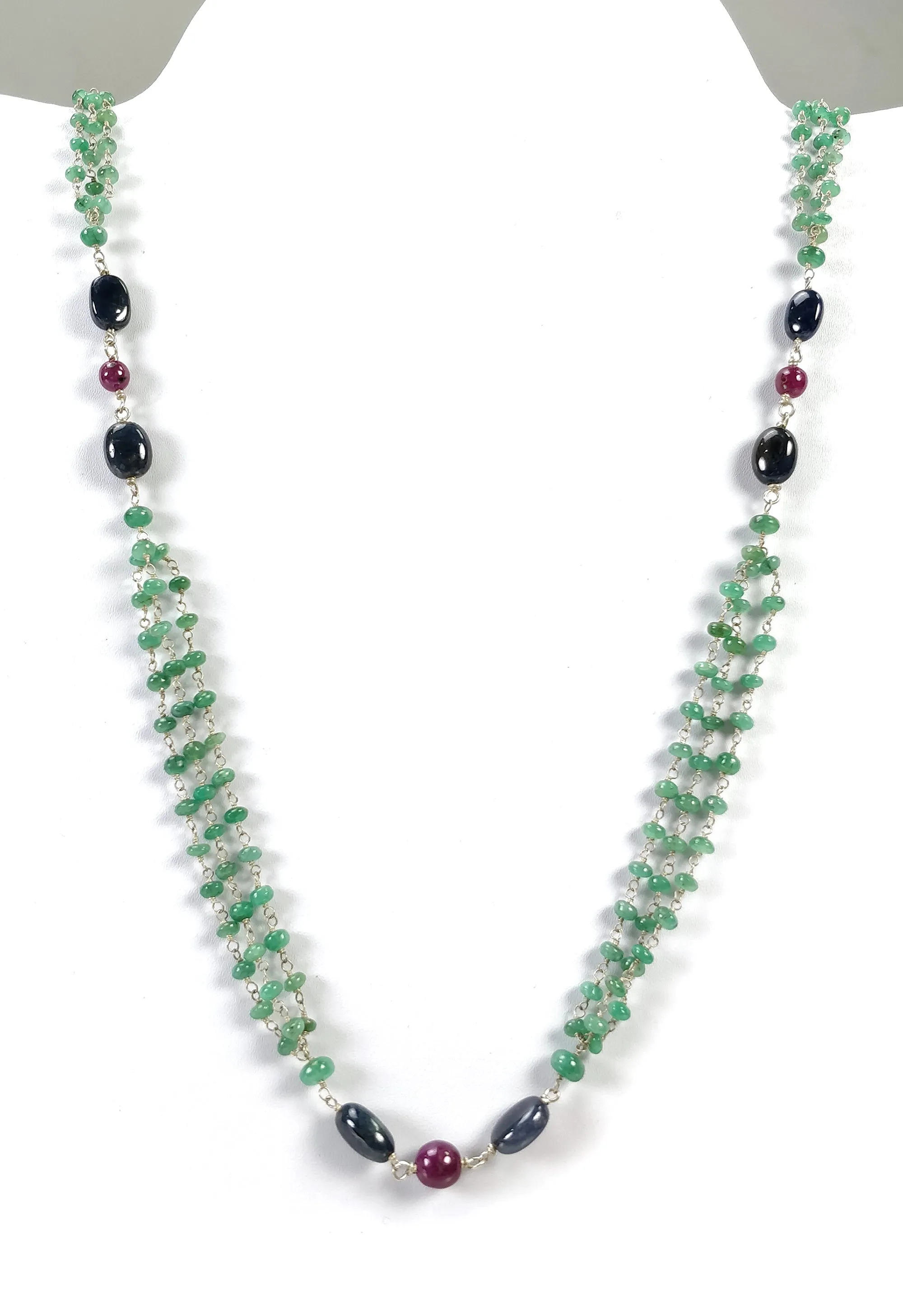 Green EMERALD & Sapphire Ruby Gemstones Beads Chain NECKLACE : 925 Sterling Silver Natural Emerald Cabochon 31" Statement Necklace