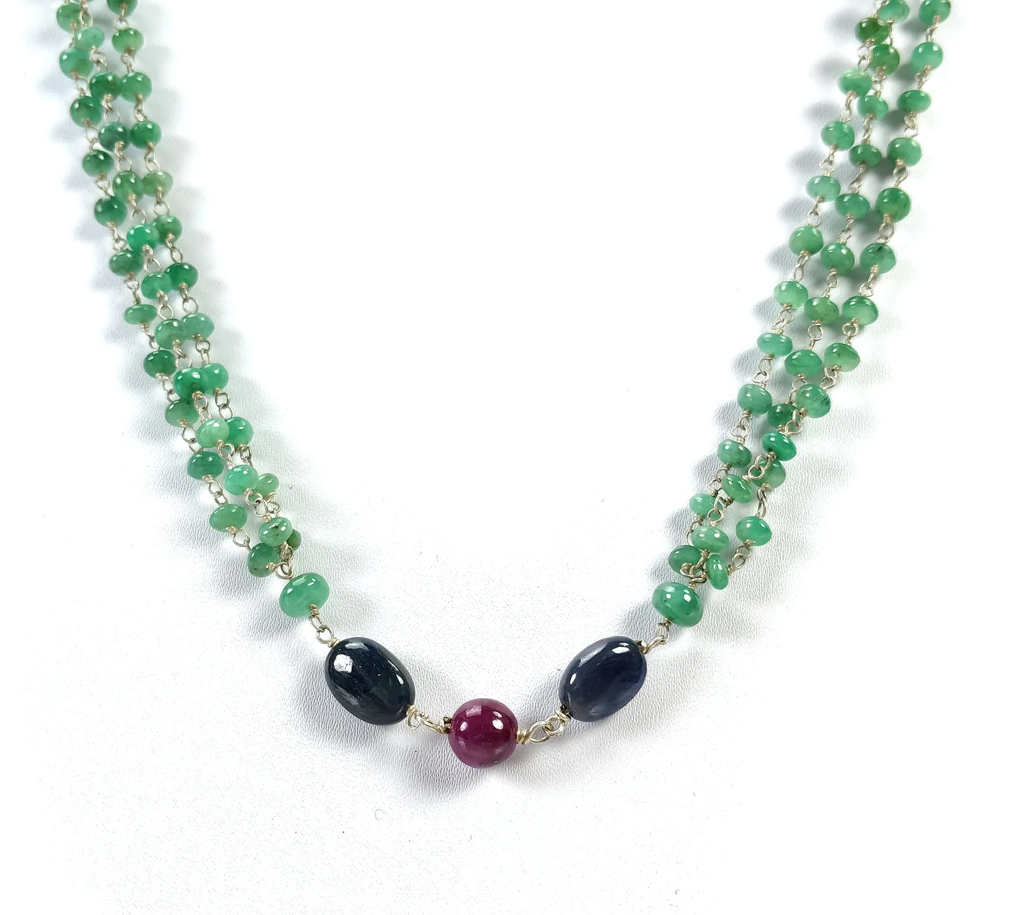 Green EMERALD & Sapphire Ruby Gemstones Beads Chain NECKLACE : 925 Sterling Silver Natural Emerald Cabochon 31" Statement Necklace