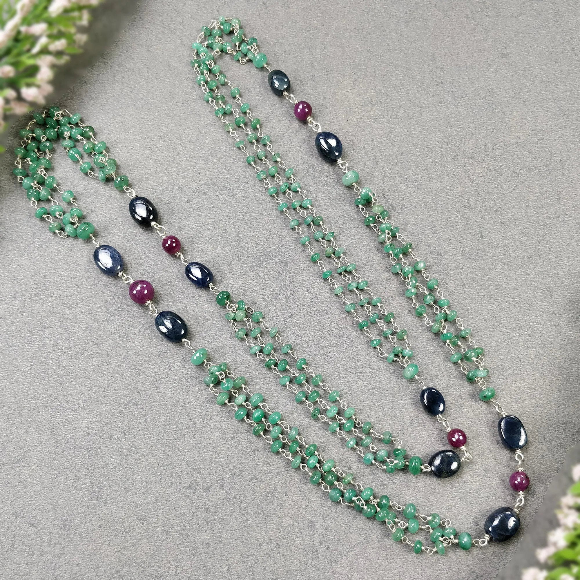 Green EMERALD & Sapphire Ruby Gemstones Beads Chain NECKLACE : 925 Sterling Silver Natural Emerald Cabochon 31" Statement Necklace