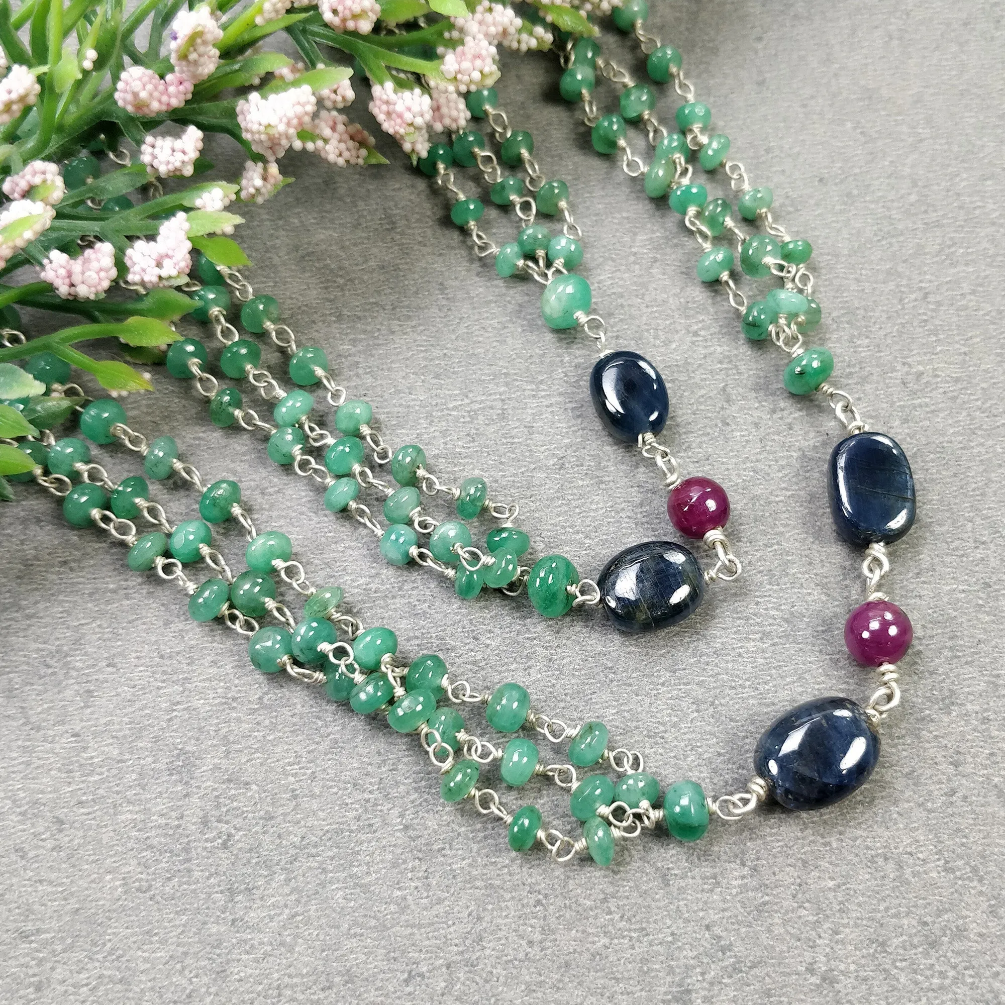 Green EMERALD & Sapphire Ruby Gemstones Beads Chain NECKLACE : 925 Sterling Silver Natural Emerald Cabochon 31" Statement Necklace