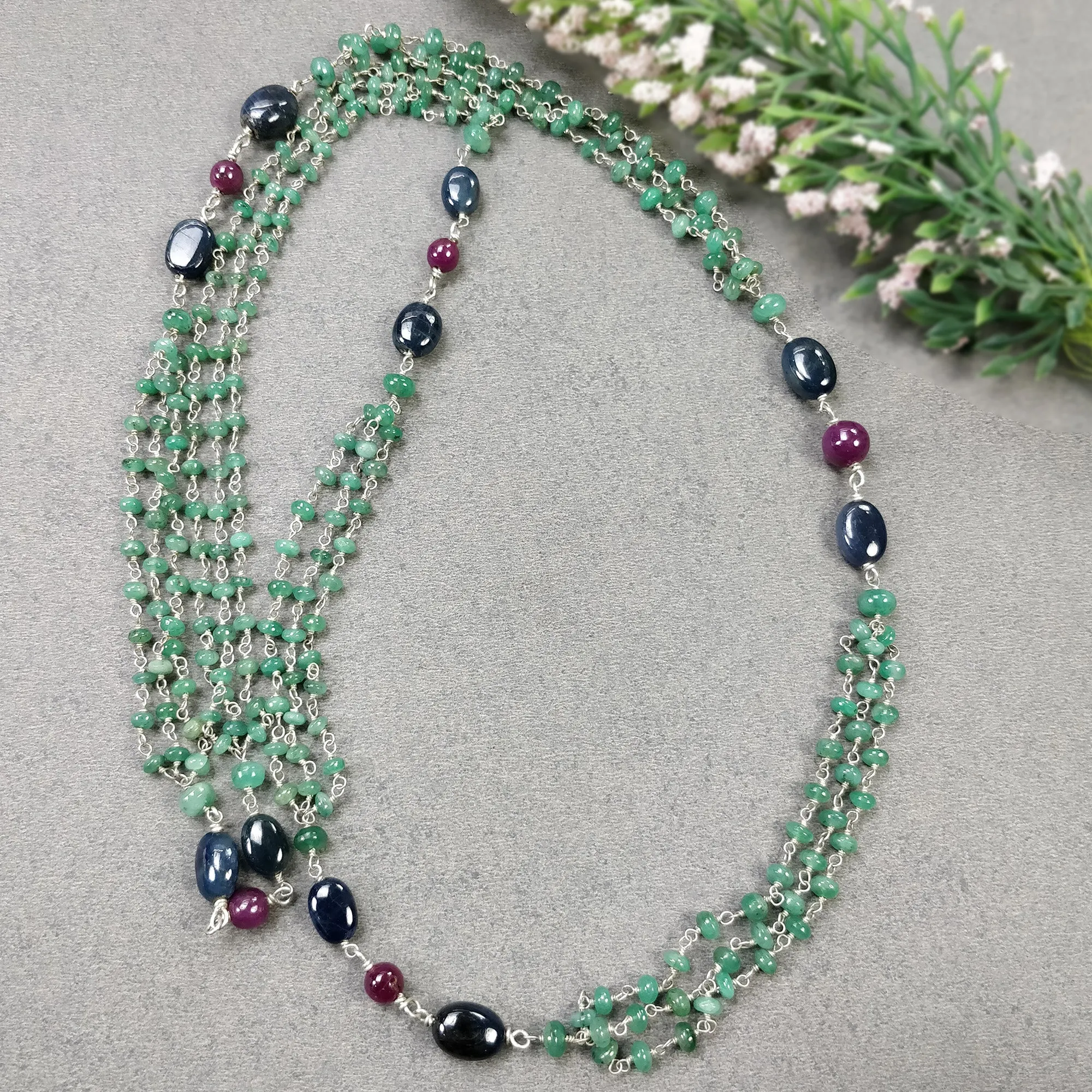 Green EMERALD & Sapphire Ruby Gemstones Beads Chain NECKLACE : 925 Sterling Silver Natural Emerald Cabochon 31" Statement Necklace