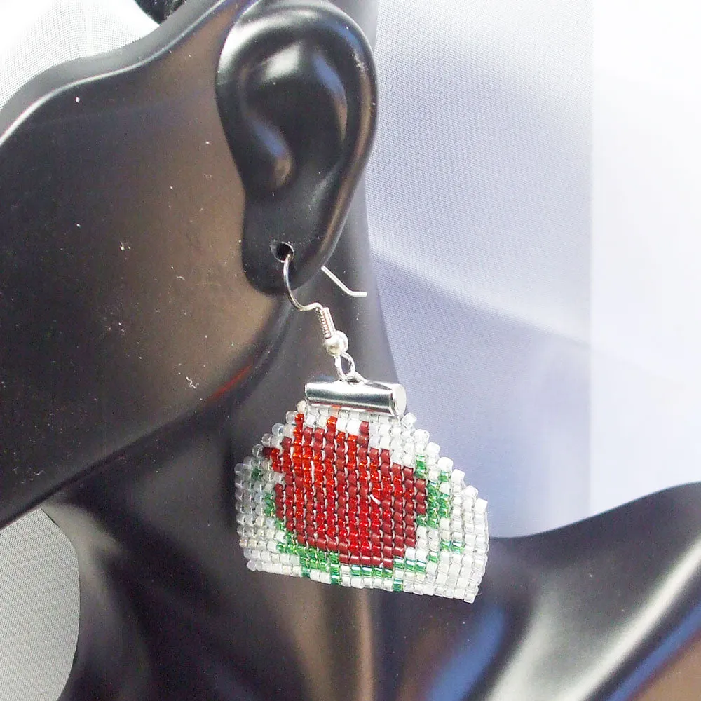 Halla, Brick Stitch, Red Rose, Beaded Earrings