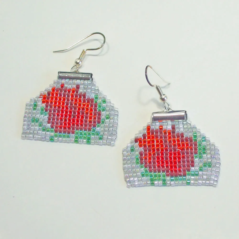 Halla, Brick Stitch, Red Rose, Beaded Earrings