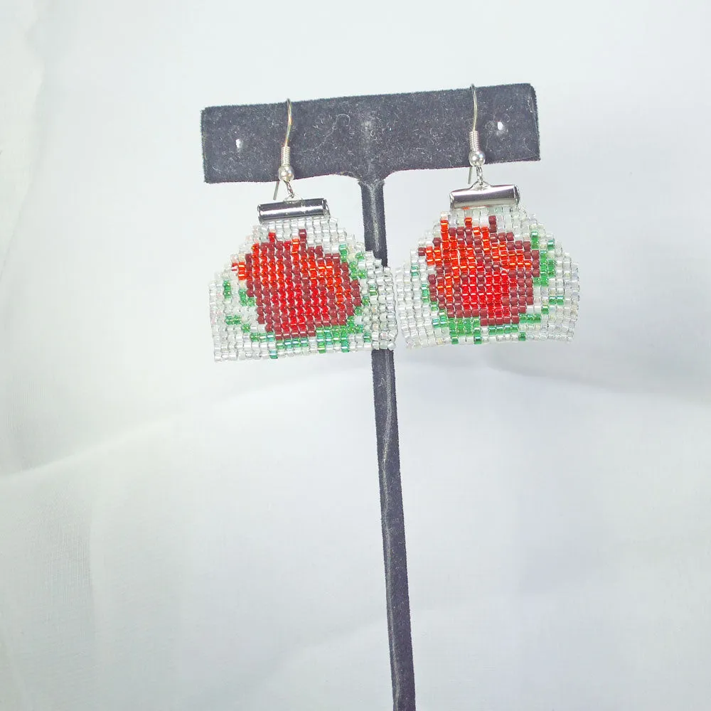 Halla, Brick Stitch, Red Rose, Beaded Earrings