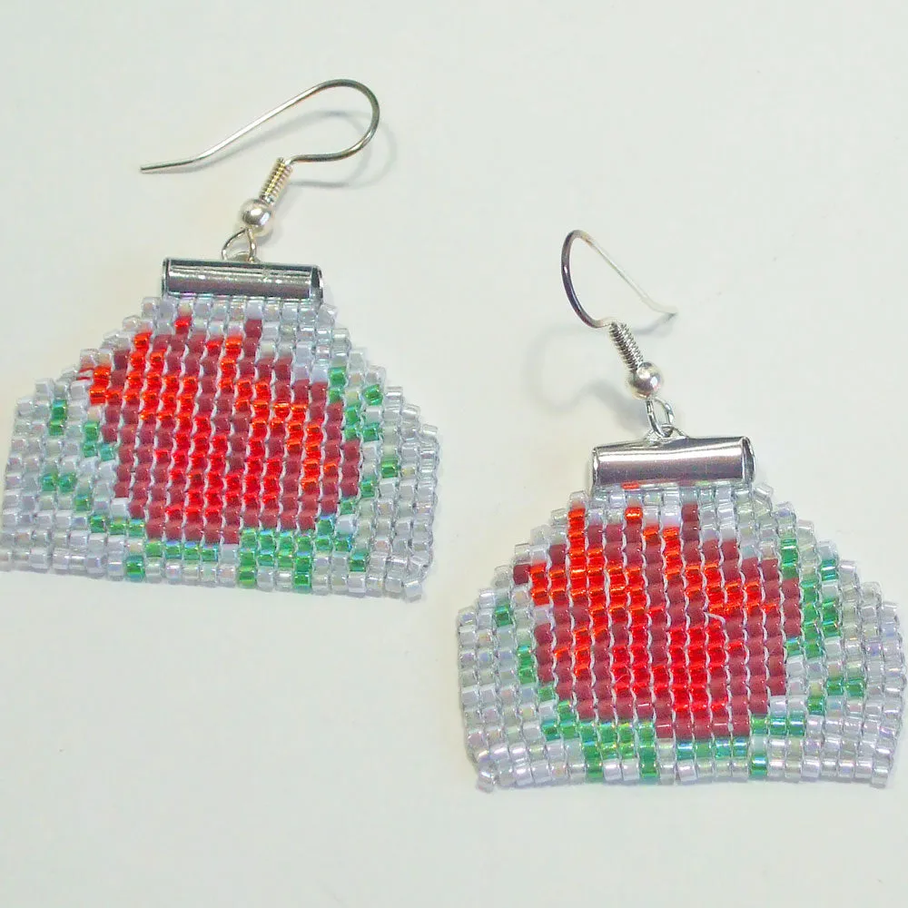 Halla, Brick Stitch, Red Rose, Beaded Earrings